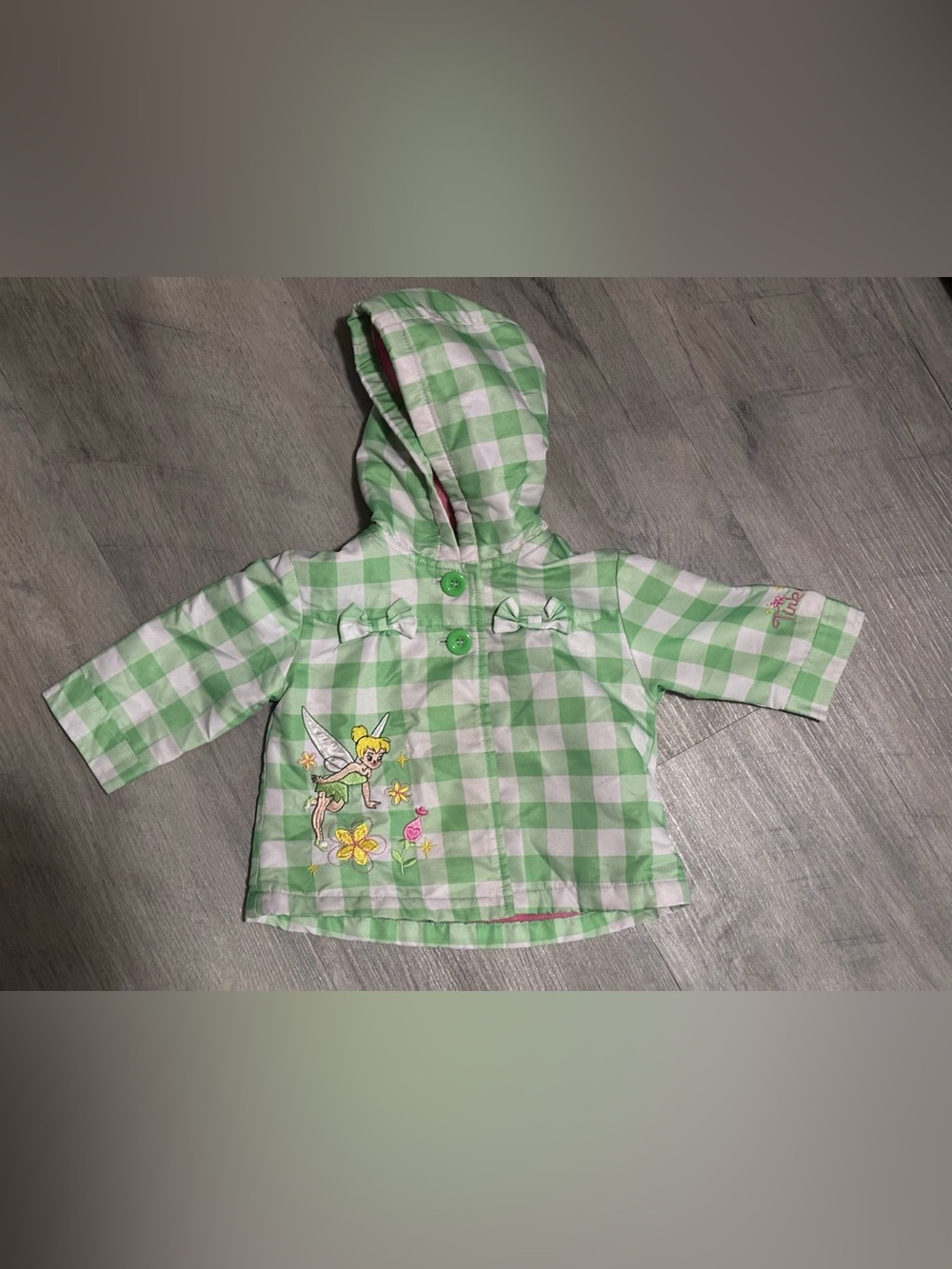 Disney Tinkerbelle Green and White Gingham Hooded Jacket with Pink Lining